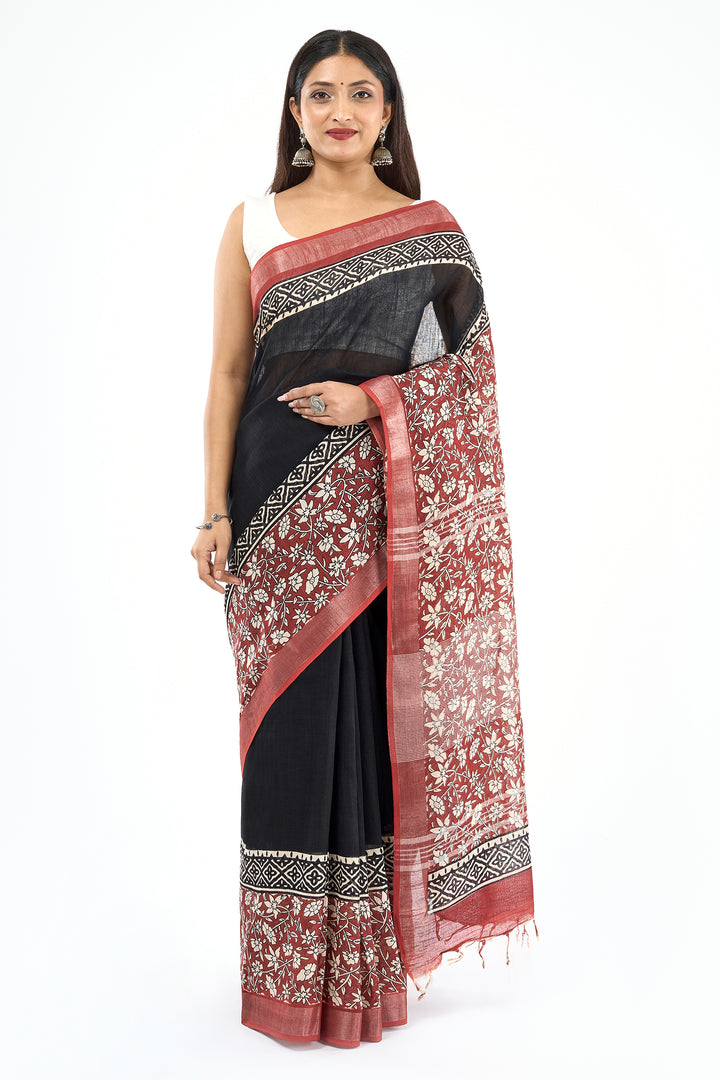 Teejh Sharika Black &amp; Red Hand Blockprint Saree
