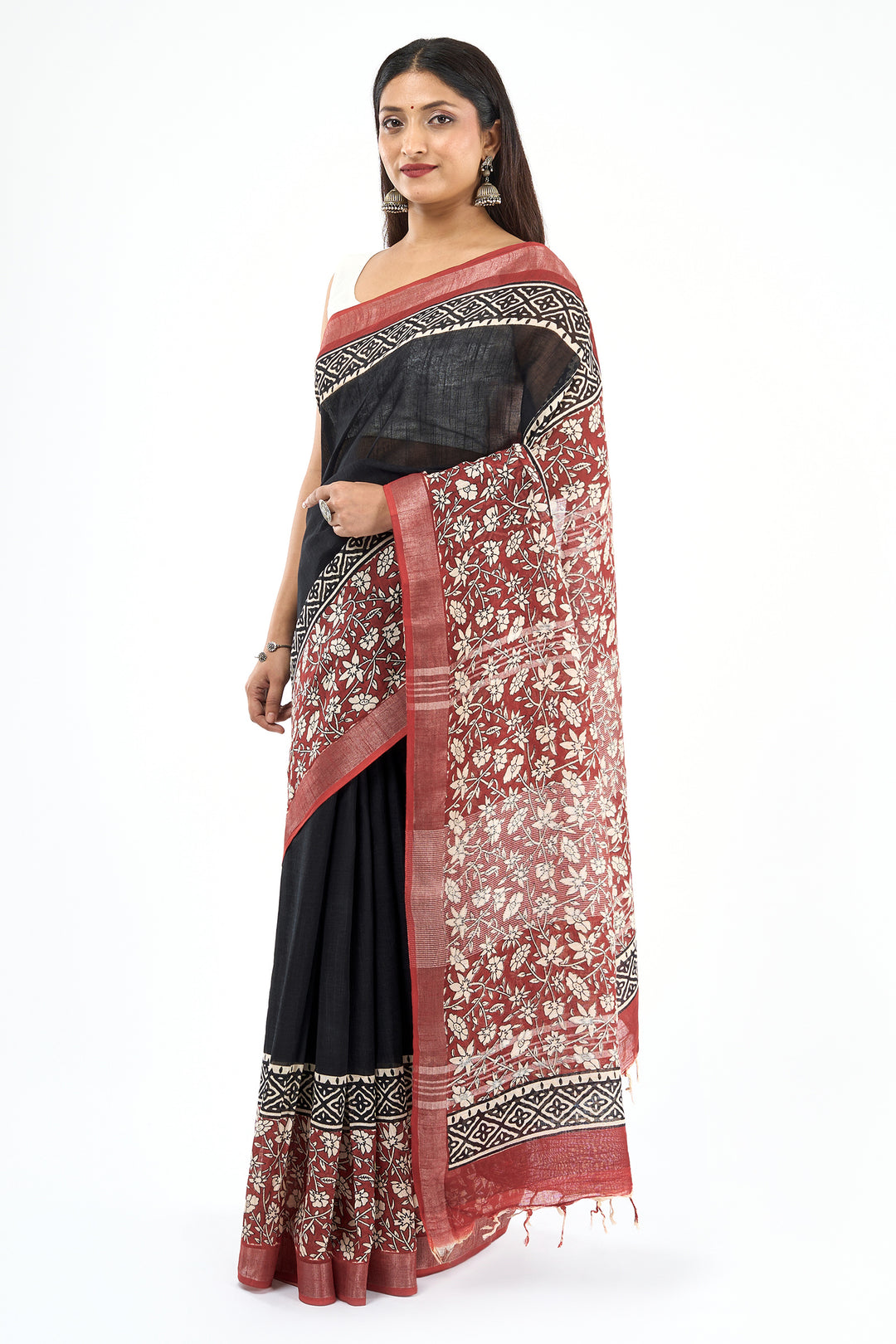 Teejh Sharika Black &amp; Red Hand Blockprint Saree