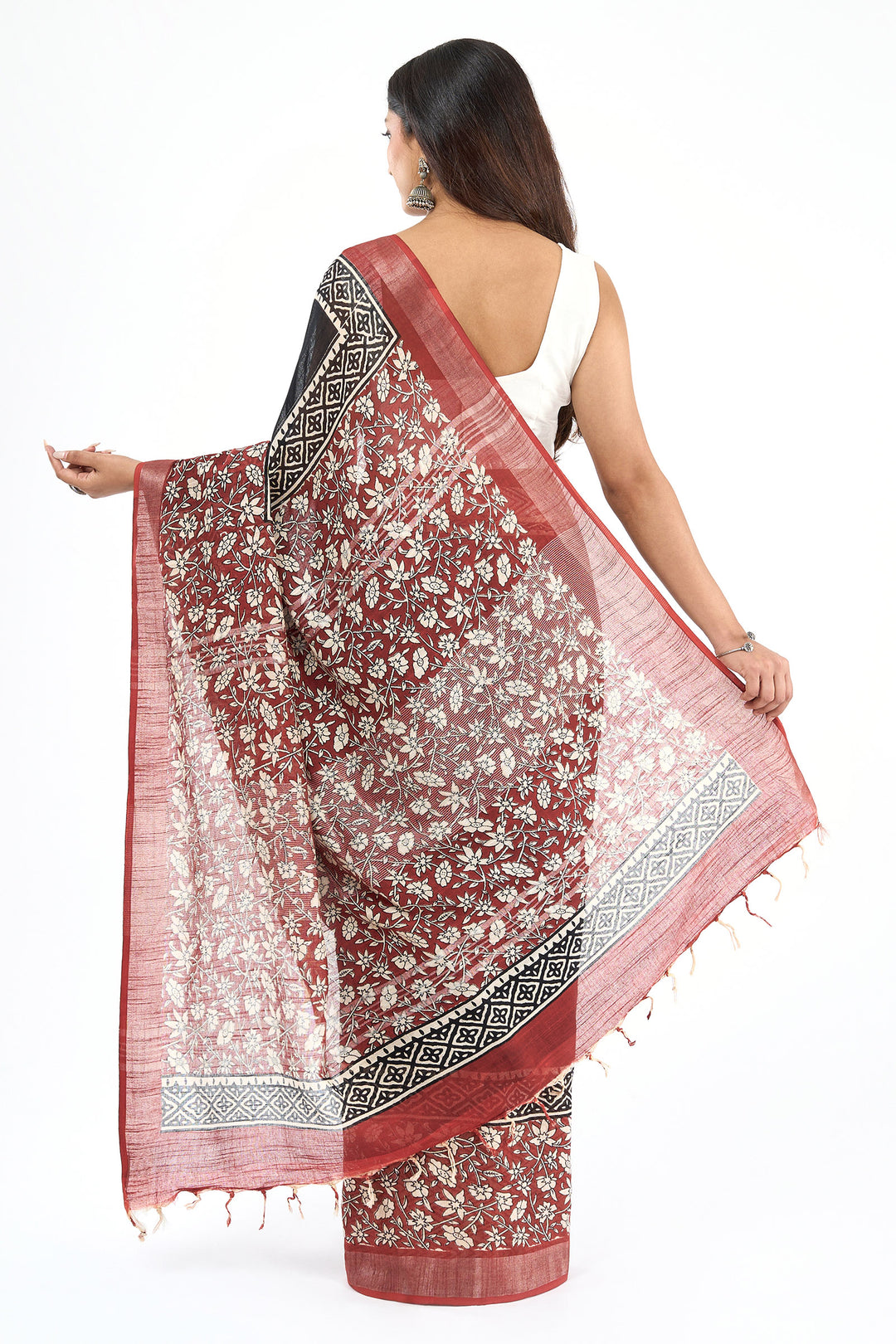 Teejh Sharika Black &amp; Red Hand Blockprint Saree