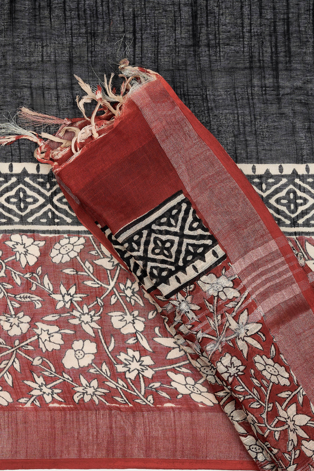 Teejh Sharika Black &amp; Red Hand Blockprint Saree