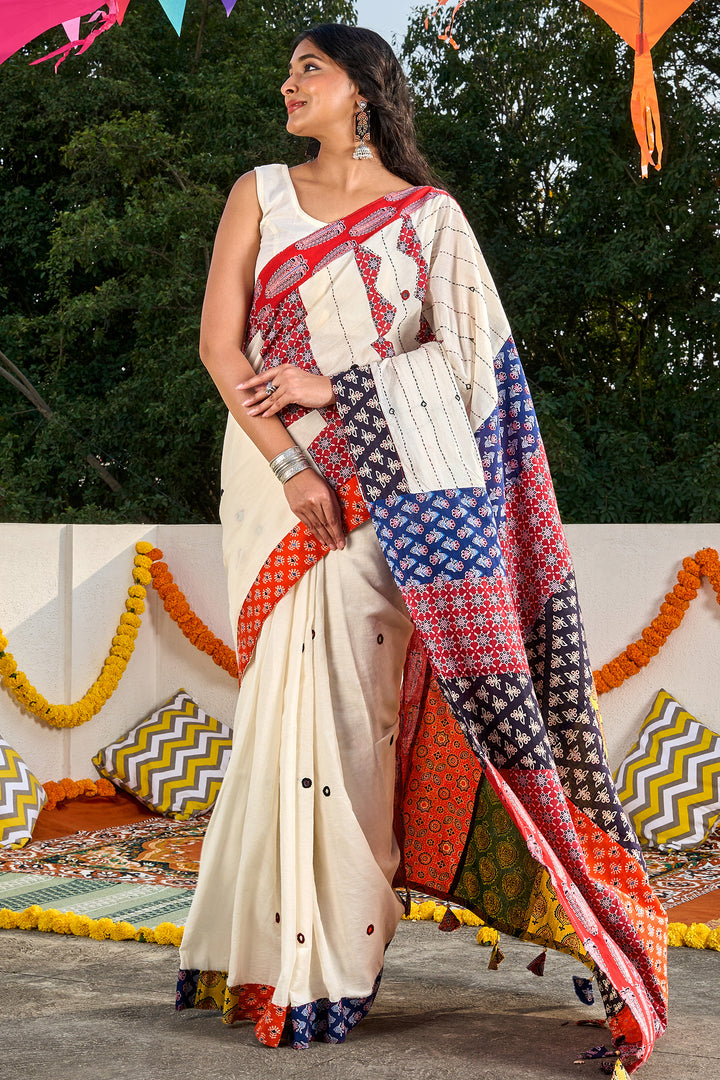 Rasvani Off White Applique &amp; Mirror Work Saree