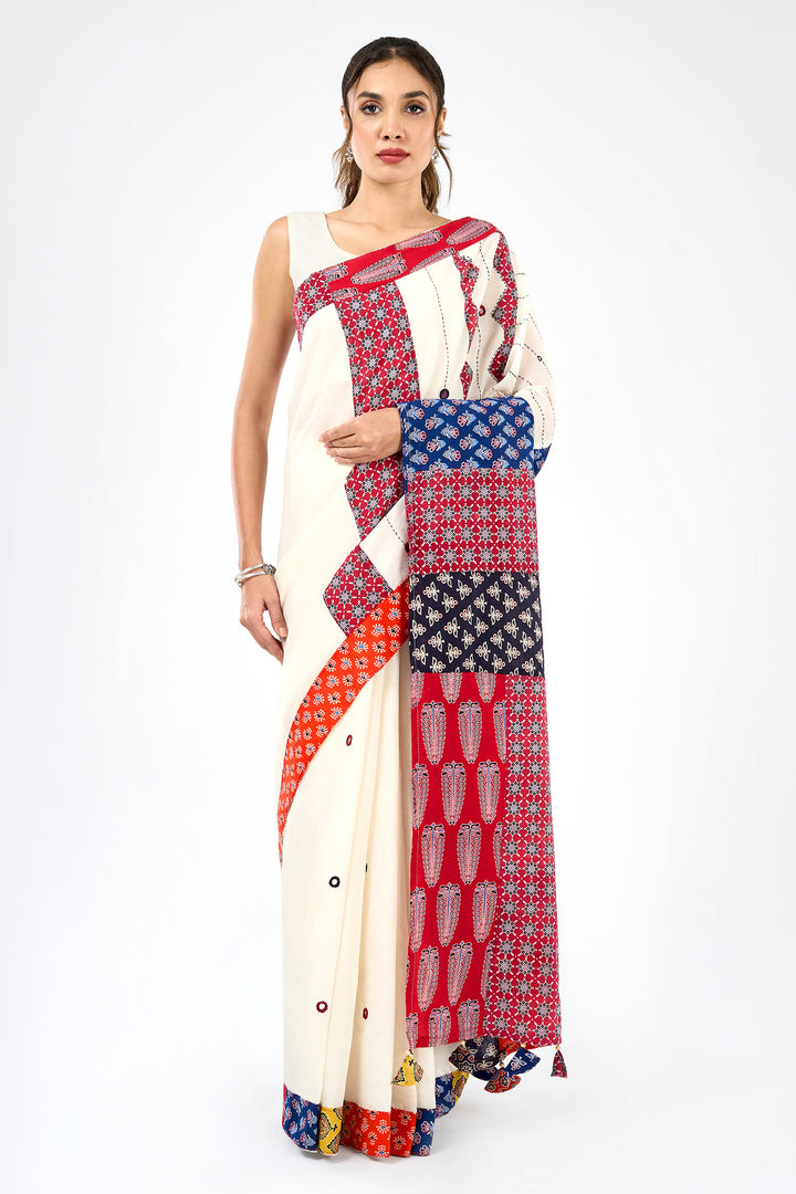Rasvani Off White Applique &amp; Mirror Work Saree