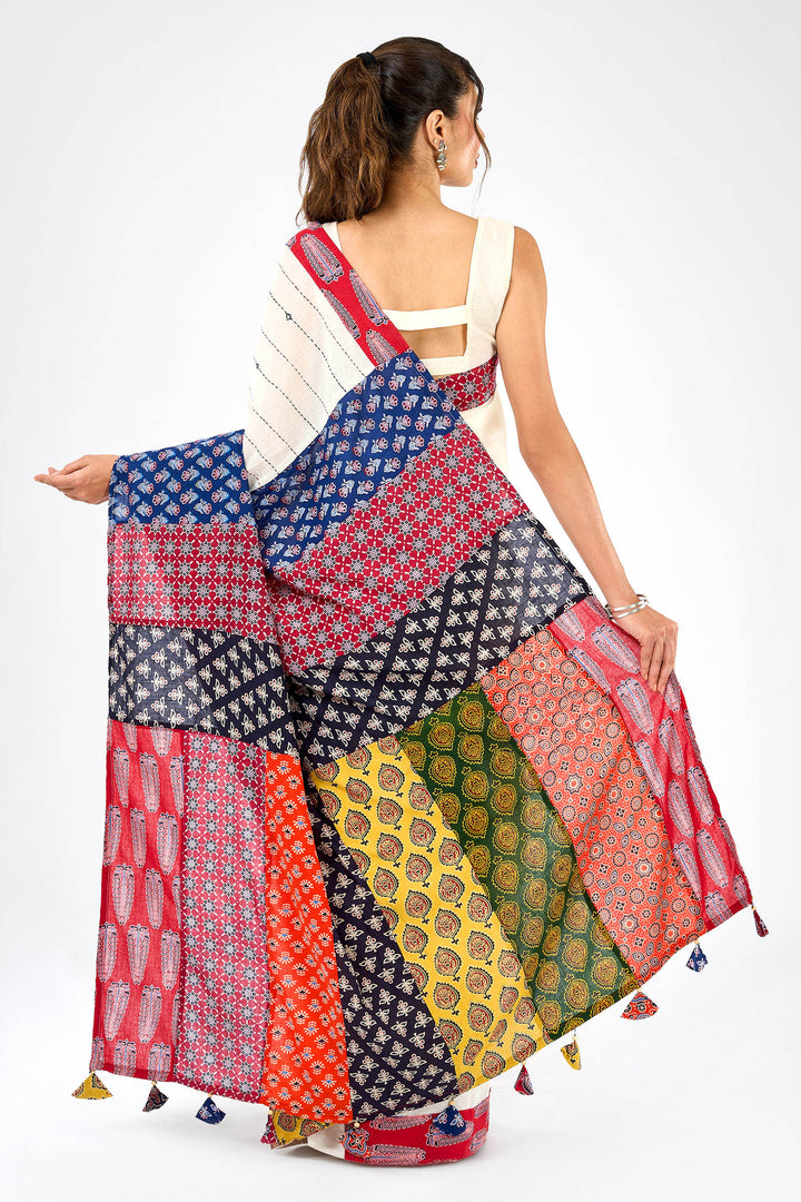 Rasvani Off White Applique &amp; Mirror Work Saree