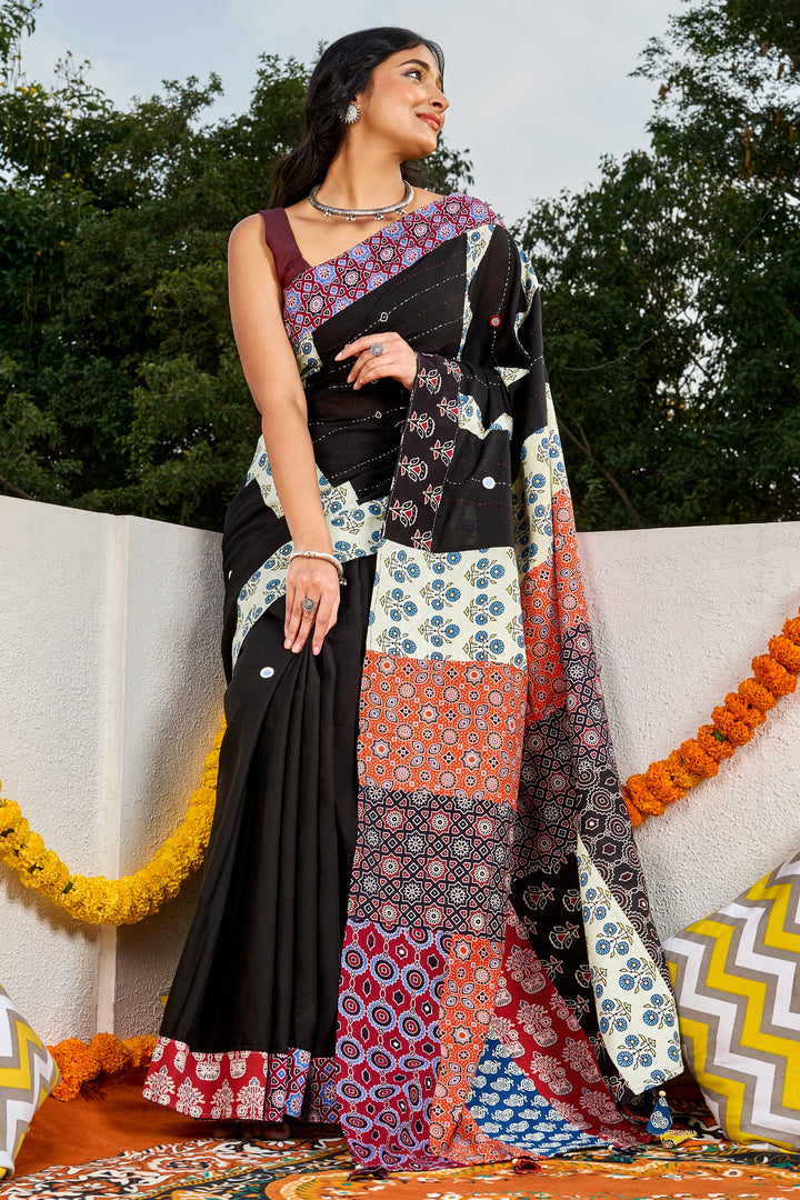 Tejika Black Applique &amp; Mirror Work Saree