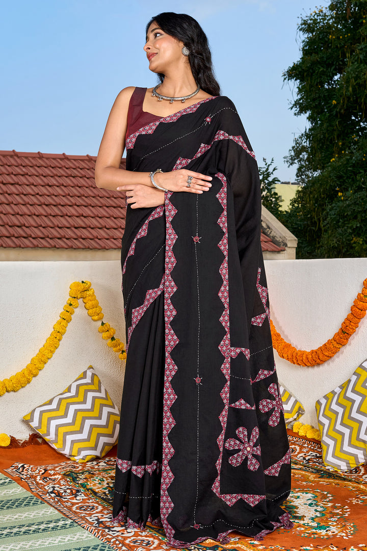Dyutima Black Applique &amp; Mirror Work Saree