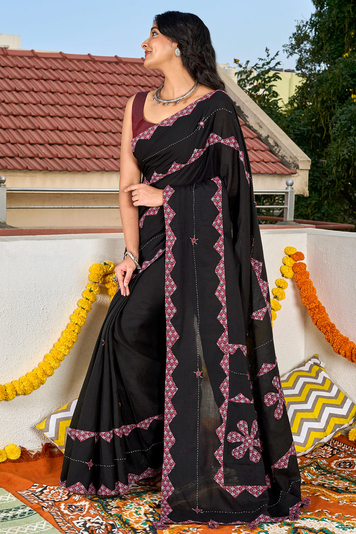 Dyutima Black Applique &amp; Mirror Work Saree