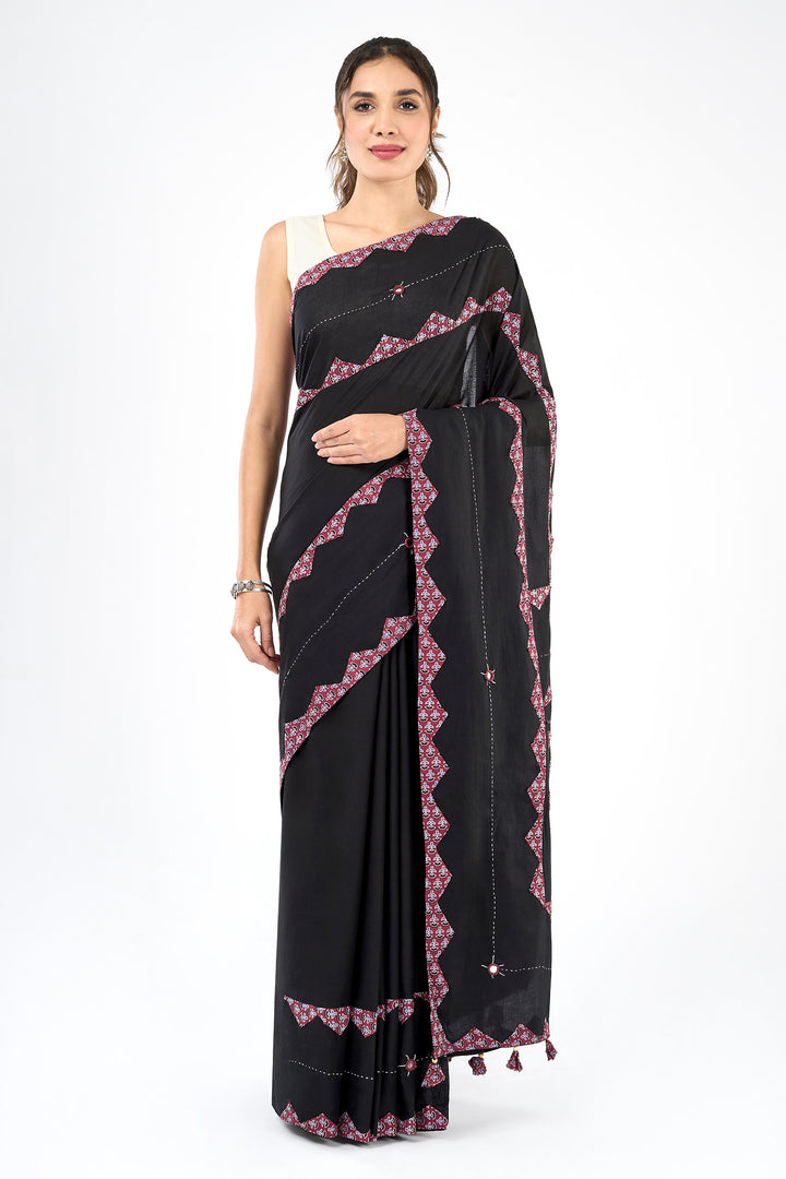 Dyutima Black Applique &amp; Mirror Work Saree