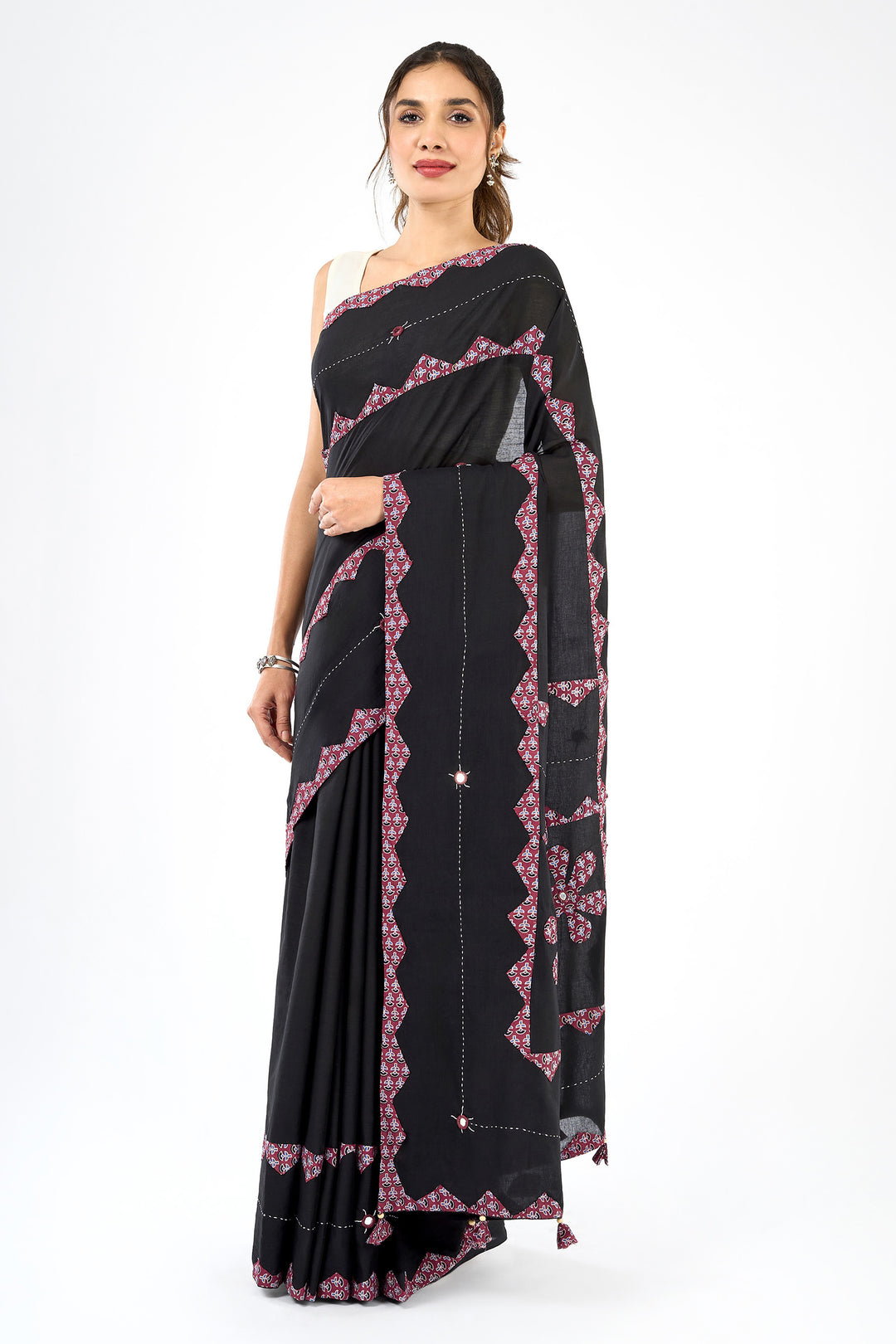 Dyutima Black Applique &amp; Mirror Work Saree