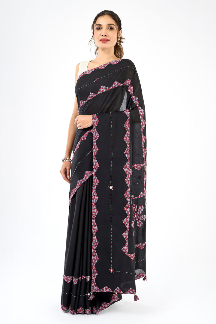 Dyutima Black Applique &amp; Mirror Work Saree