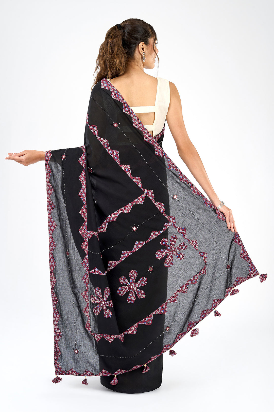 Dyutima Black Applique &amp; Mirror Work Saree