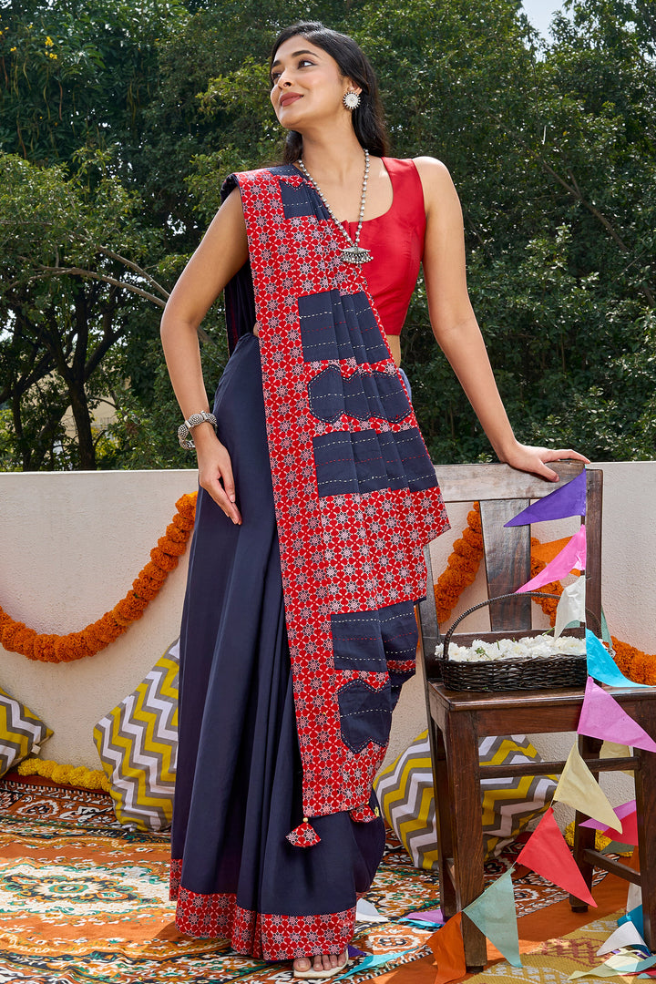 Nakshira Deep Blue Applique &amp; Mirror Work Saree