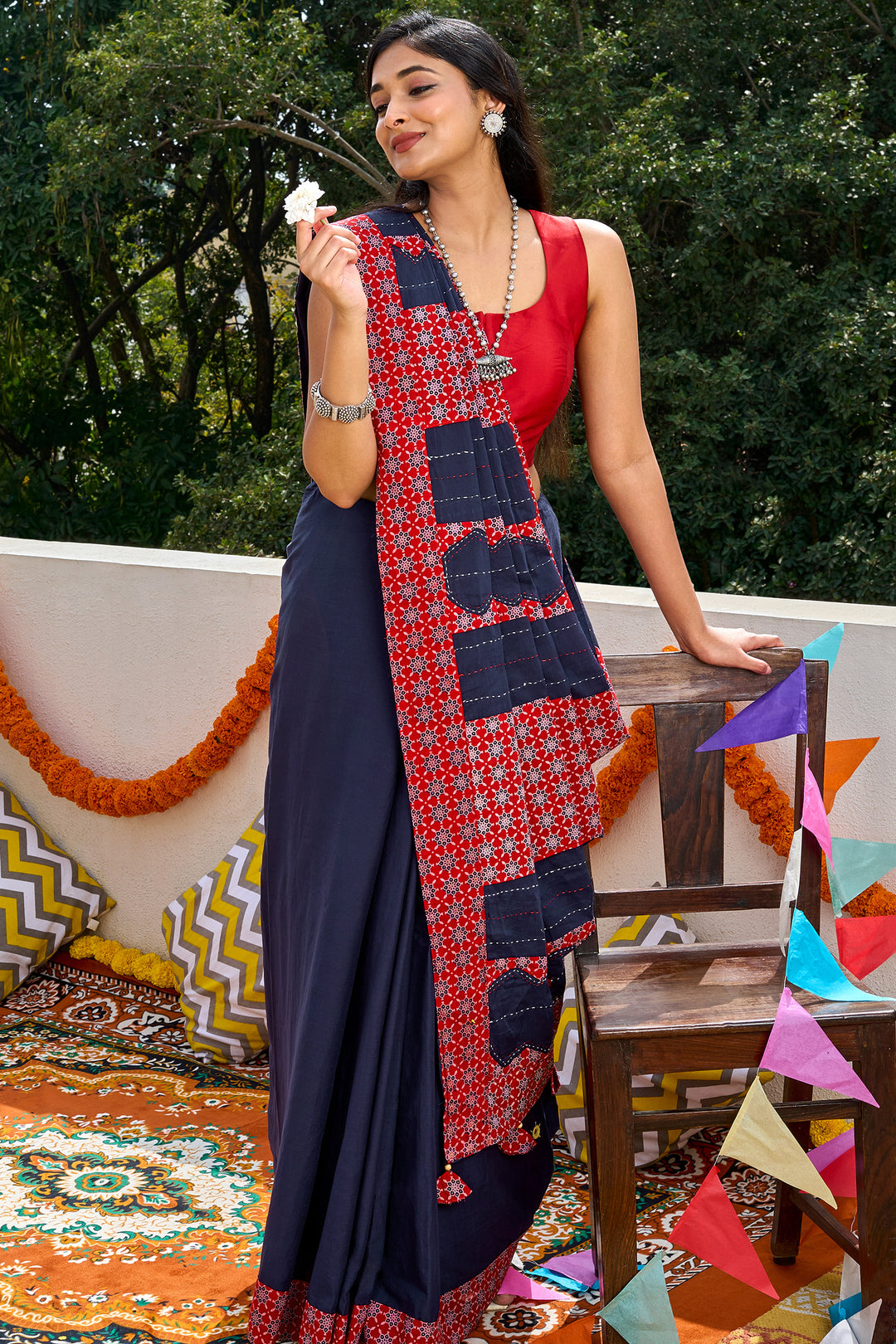 Nakshira Deep Blue Applique &amp; Mirror Work Saree