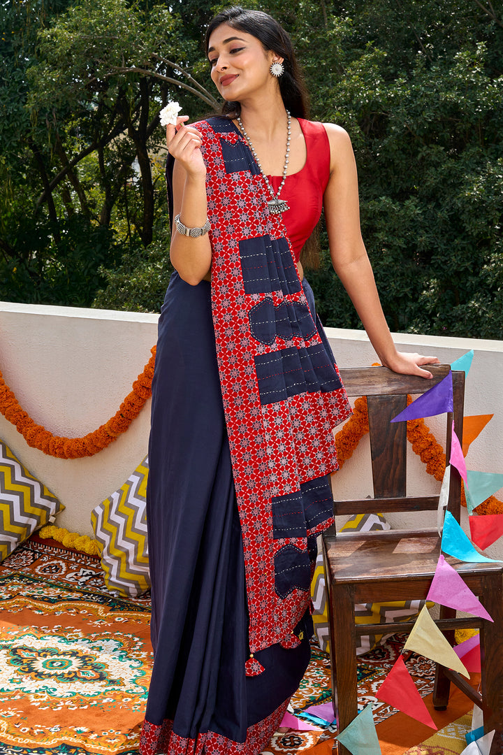 Nakshira Deep Blue Applique &amp; Mirror Work Saree