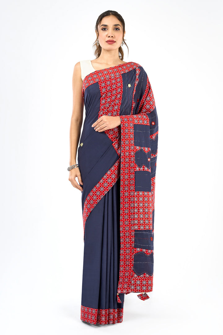 Nakshira Deep Blue Applique &amp; Mirror Work Saree