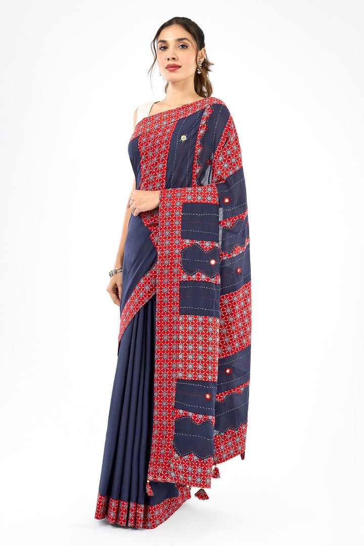 Nakshira Deep Blue Applique &amp; Mirror Work Saree