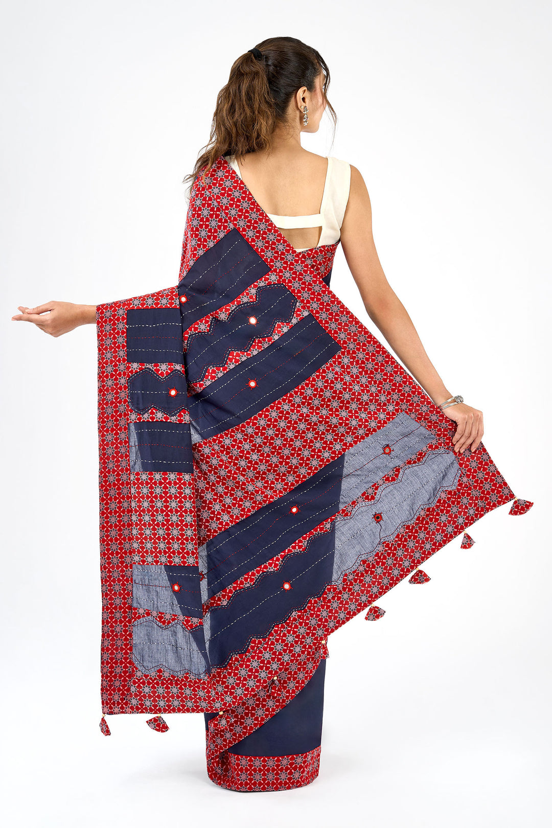 Nakshira Deep Blue Applique &amp; Mirror Work Saree