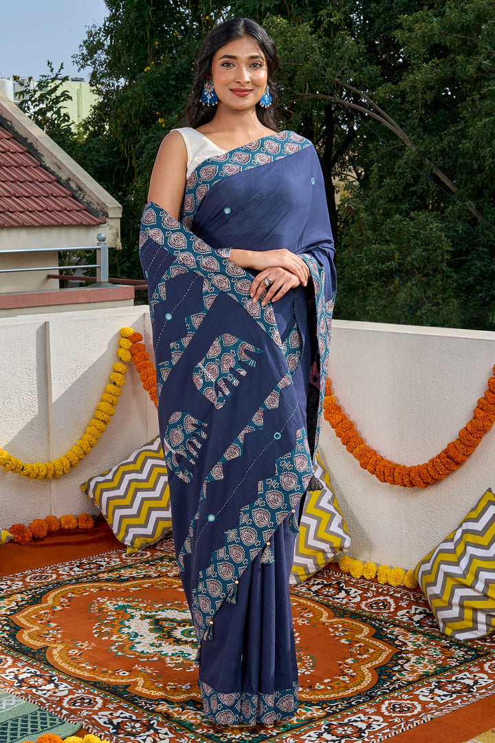 Yajnita Deep Blue Applique &amp; Mirror Work Saree