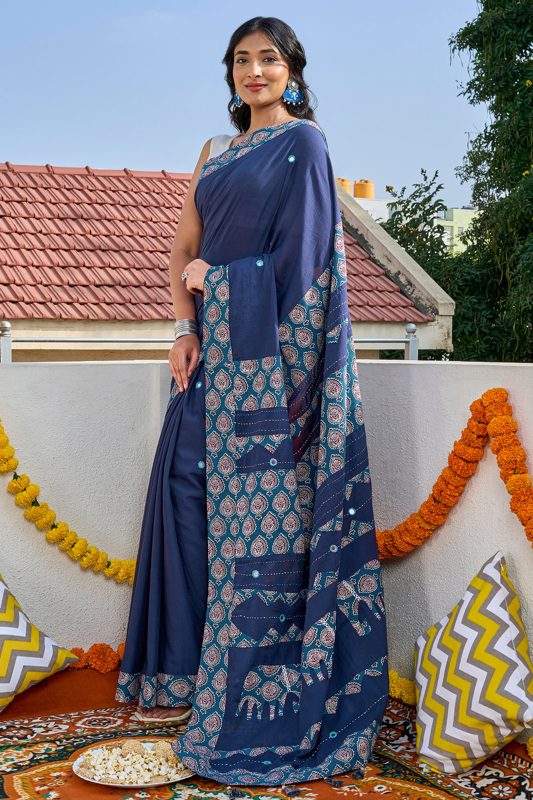 Yajnita Deep Blue Applique &amp; Mirror Work Saree