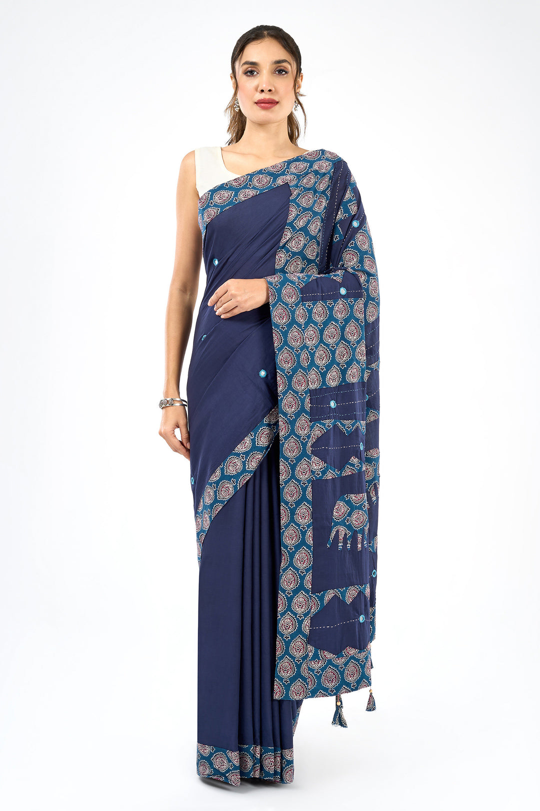 Yajnita Deep Blue Applique &amp; Mirror Work Saree