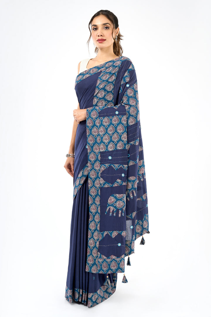 Yajnita Deep Blue Applique &amp; Mirror Work Saree