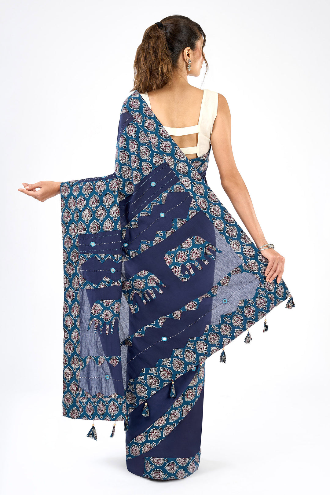 Yajnita Deep Blue Applique &amp; Mirror Work Saree