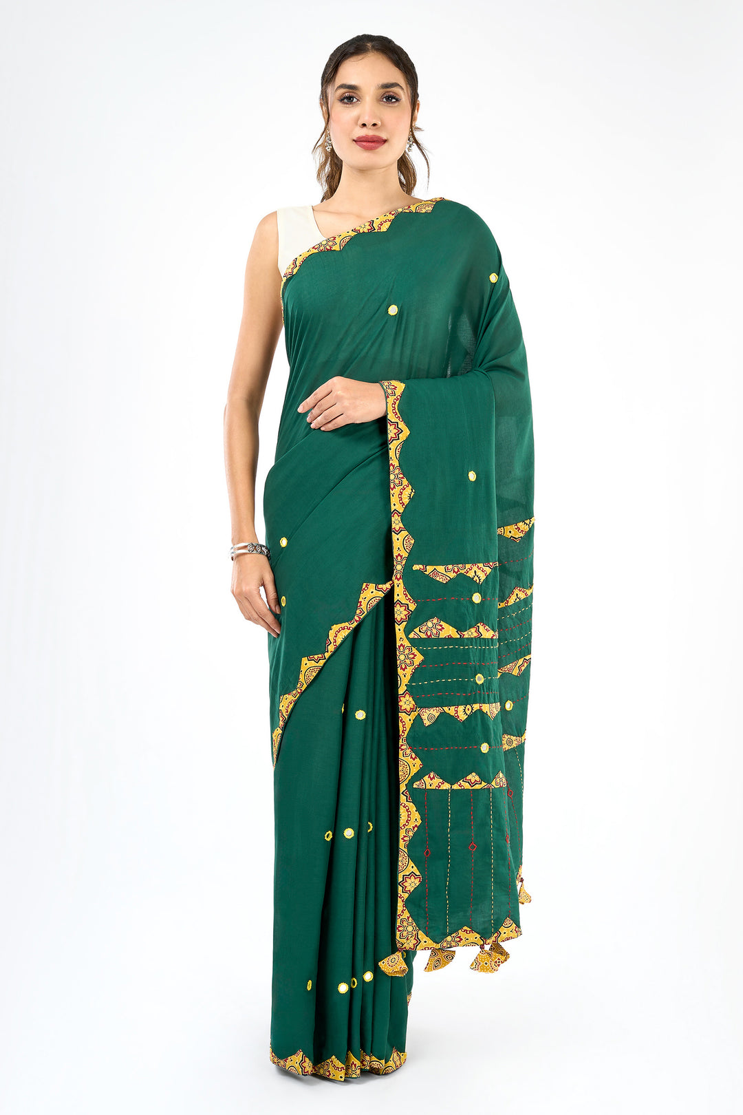 Haruniya Deep Green &amp; Yellow Applique &amp; Mirror Work Saree
