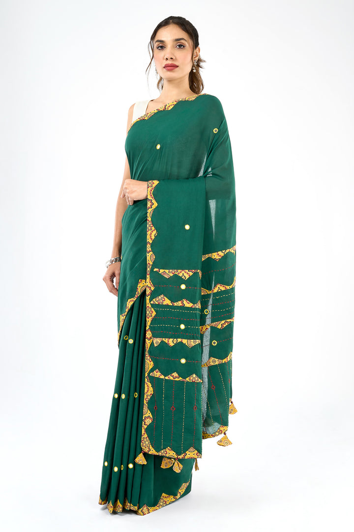 Haruniya Deep Green &amp; Yellow Applique &amp; Mirror Work Saree
