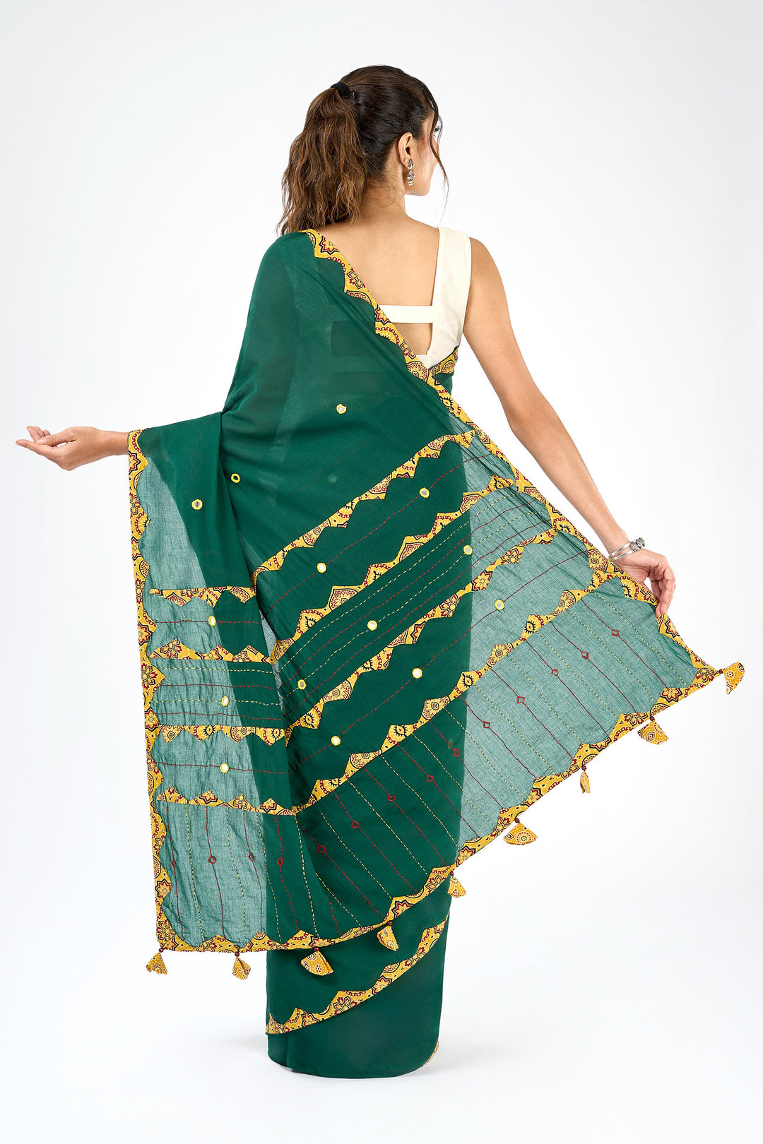 Haruniya Deep Green &amp; Yellow Applique &amp; Mirror Work Saree