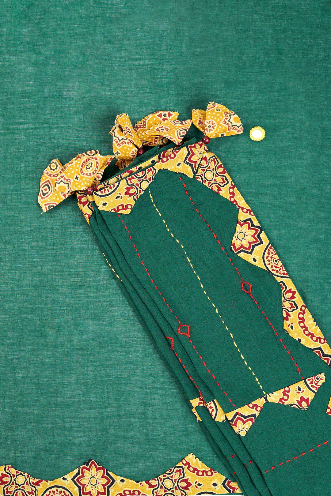 Haruniya Deep Green &amp; Yellow Applique &amp; Mirror Work Saree