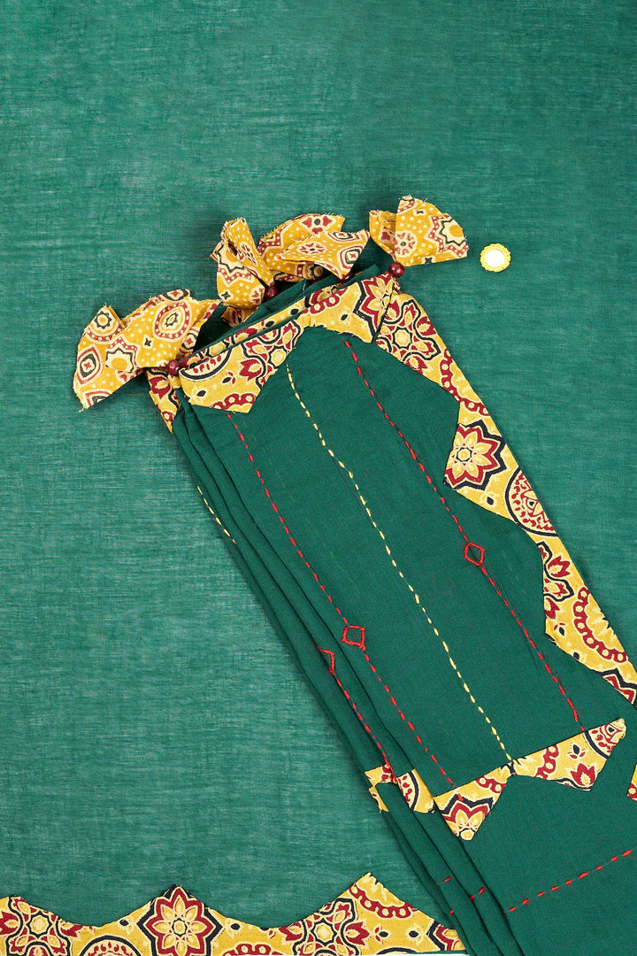 Haruniya Deep Green &amp; Yellow Applique &amp; Mirror Work Saree