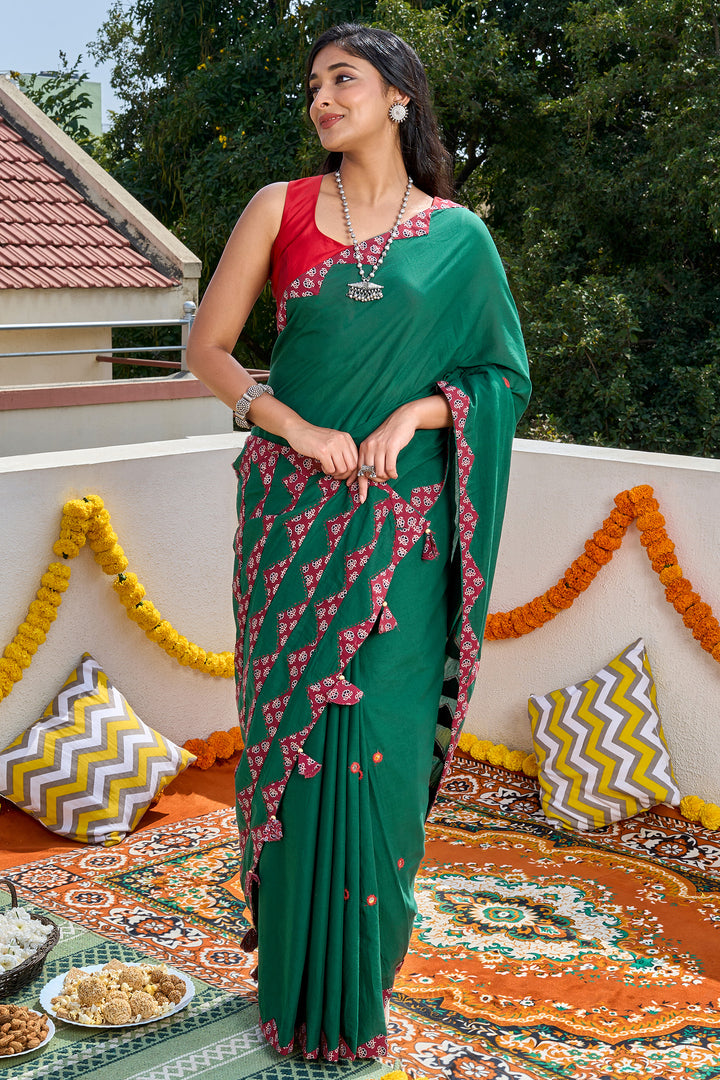 Chayana Deep Green &amp; Red Applique &amp; Mirror Work Saree