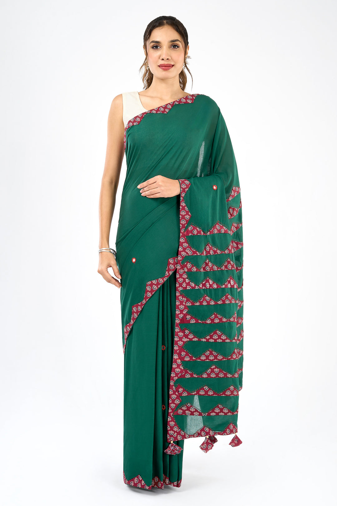 Chayana Deep Green &amp; Red Applique &amp; Mirror Work Saree