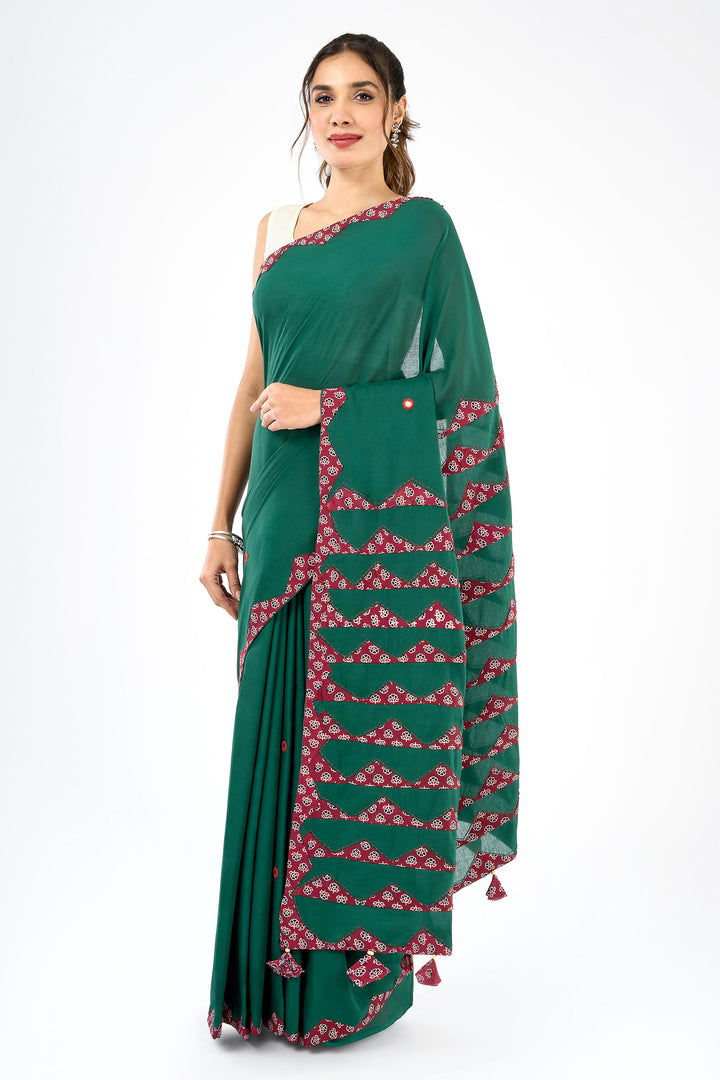 Chayana Deep Green &amp; Red Applique &amp; Mirror Work Saree