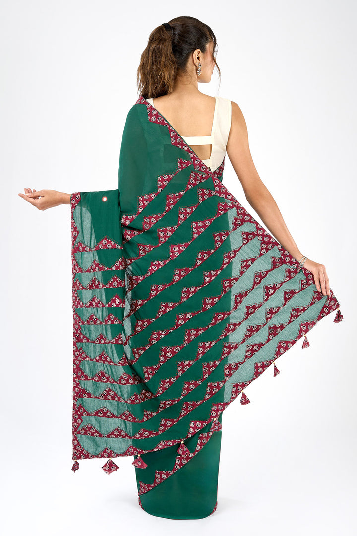 Chayana Deep Green &amp; Red Applique &amp; Mirror Work Saree