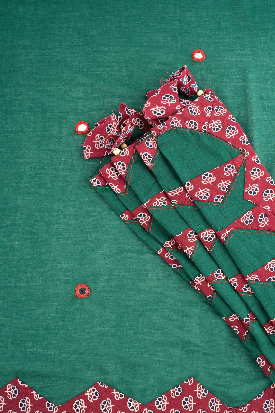 Chayana Deep Green &amp; Red Applique &amp; Mirror Work Saree