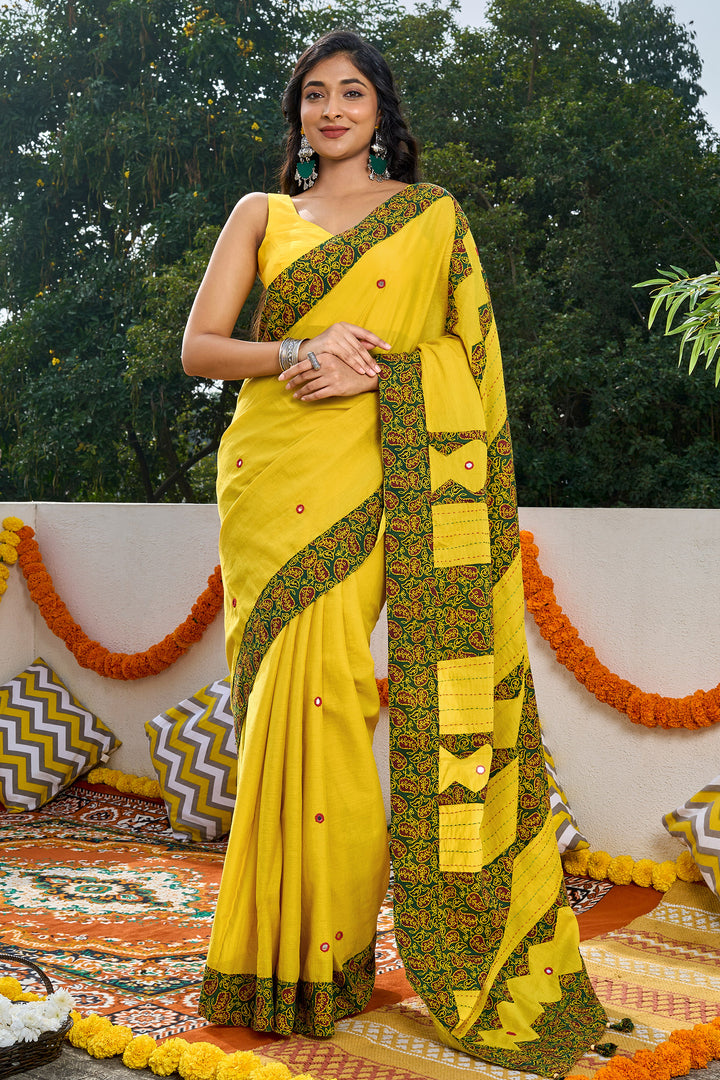 Bhagini mustard and olive green Applique &amp; Mirror Work Saree