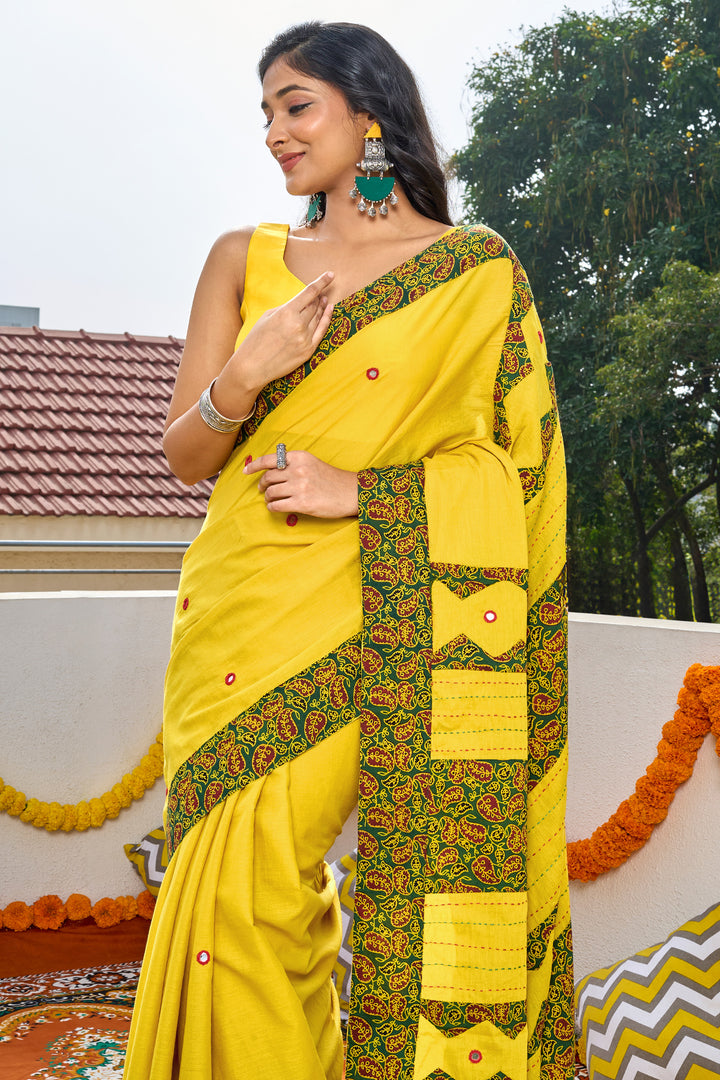 Bhagini mustard and olive green Applique &amp; Mirror Work Saree
