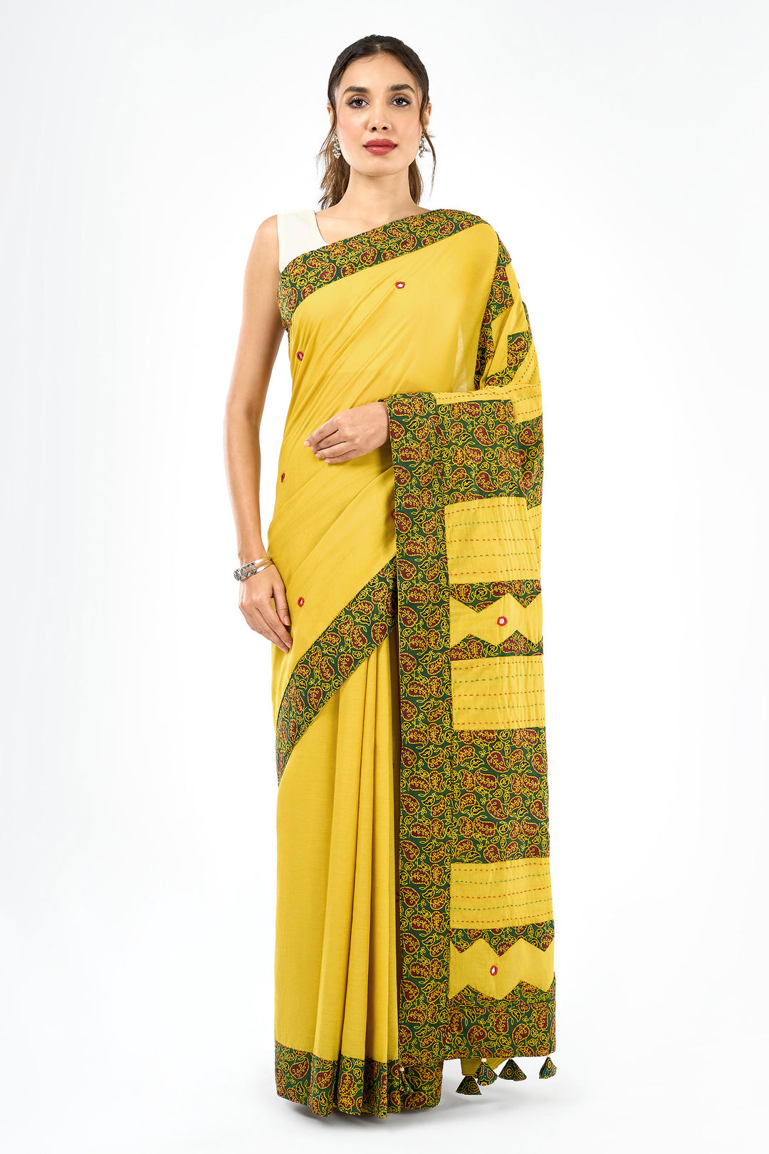 Bhagini mustard and olive green Applique &amp; Mirror Work Saree