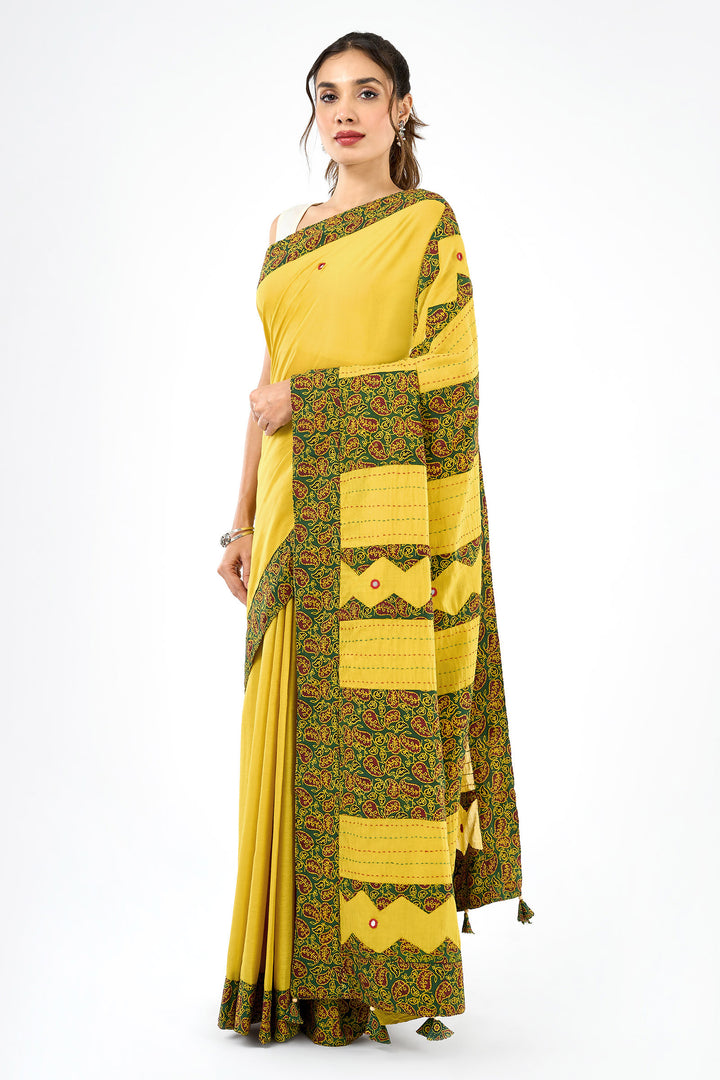 Bhagini mustard and olive green Applique &amp; Mirror Work Saree