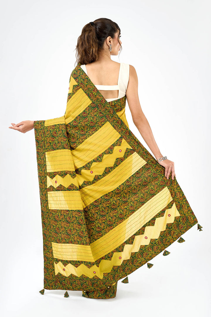 Bhagini mustard and olive green Applique &amp; Mirror Work Saree