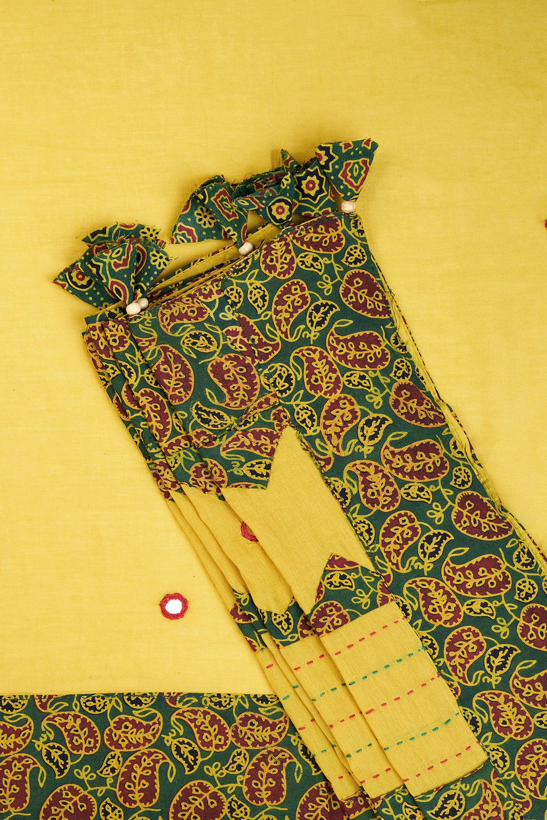 Bhagini mustard and olive green Applique &amp; Mirror Work Saree