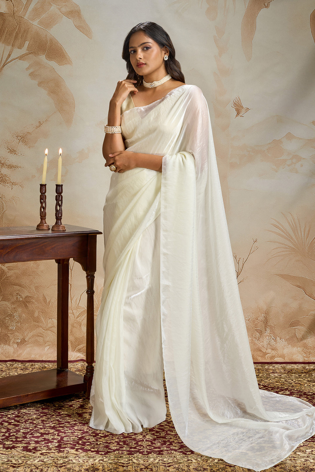 Kavyani Cream Pre-Draped Saree