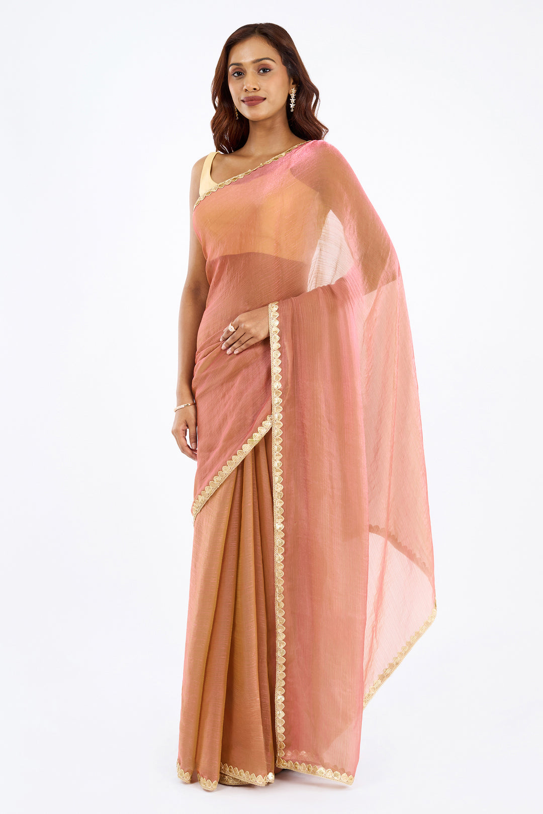 Sharvika Onion Pink Shimmer Chiffon Saree