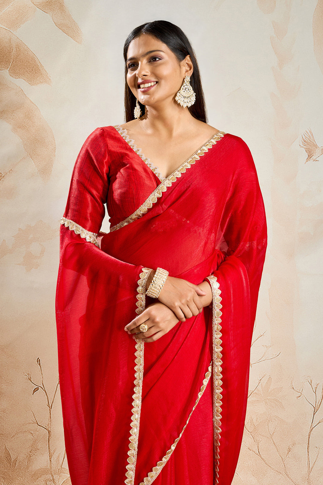Tithira Red Shimmer Chiffon Saree