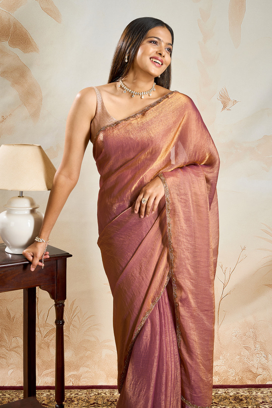 Kavyisha Rosegold Shimmer Chiffon Saree
