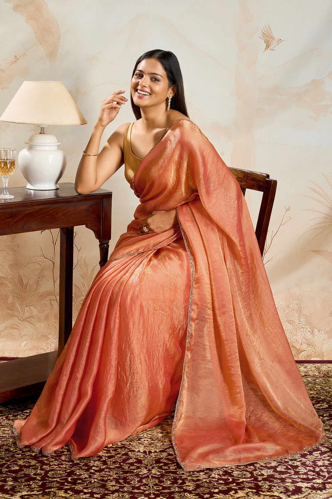 Rajatika Peach Shimmer Chiffon Saree