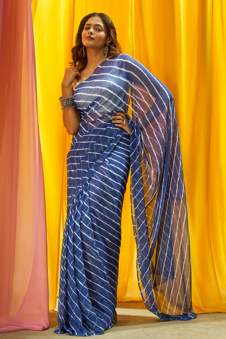 Teejh Nadi Chiffon Navy Blue Leheriya Saree