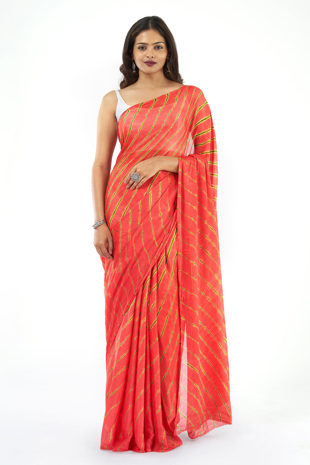 Teejh Zinksya Chinon onion Pink and Green Leheriya Saree