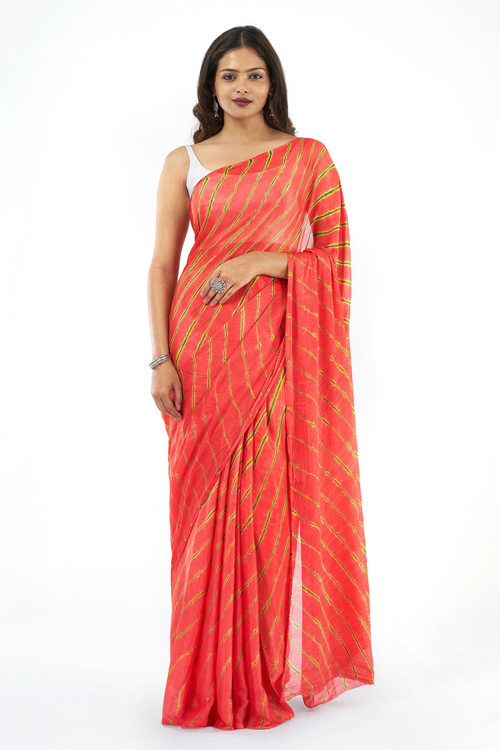Teejh Zinksya Chinon onion Pink and Green Leheriya Saree