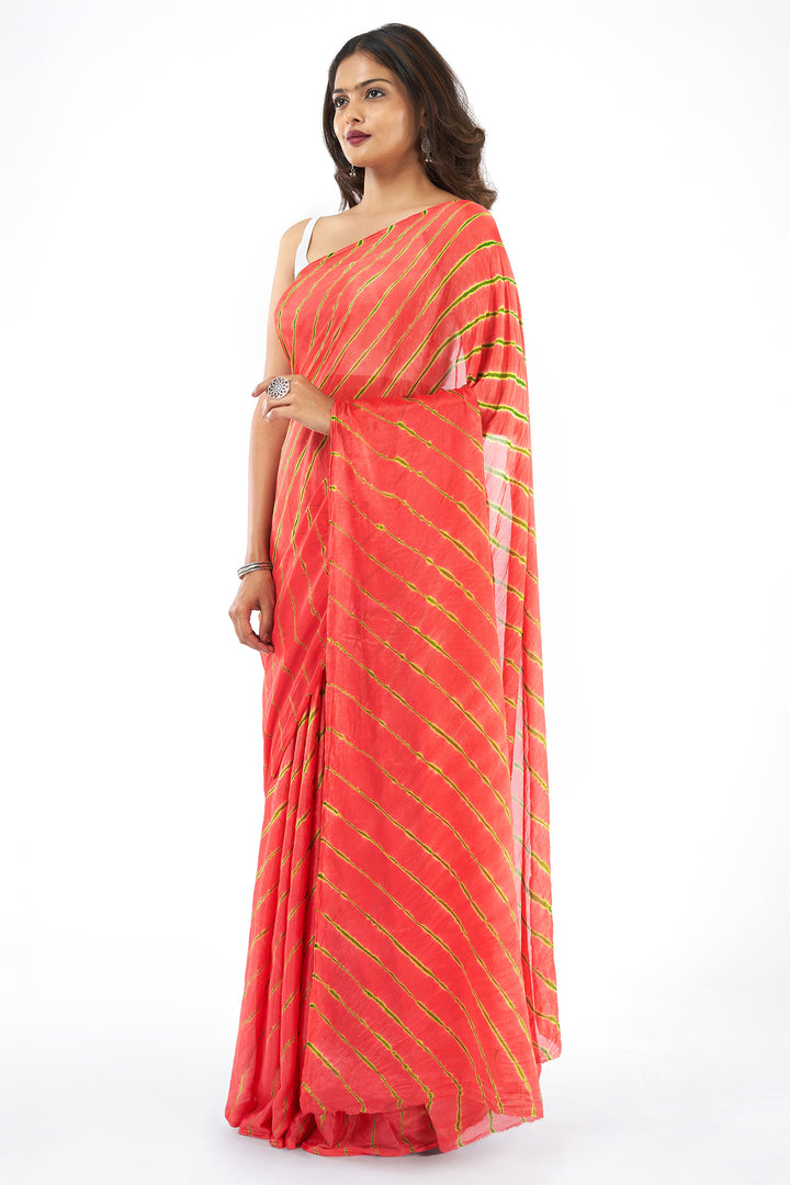 Teejh Zinksya Chinon onion Pink and Green Leheriya Saree